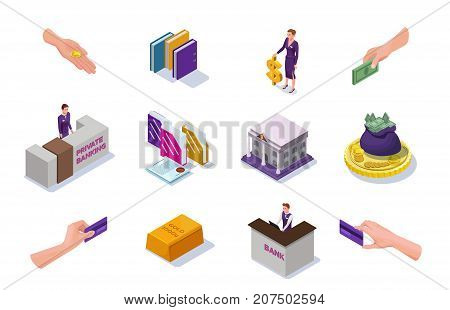 Banking and finance icons set with isometric people office reception desk cash money coins banknotes bank building 3d vector illustration