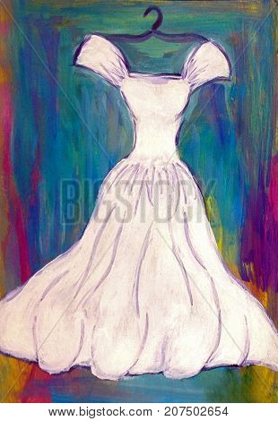 Acrylic Painting of White Dress on Blue Green Background