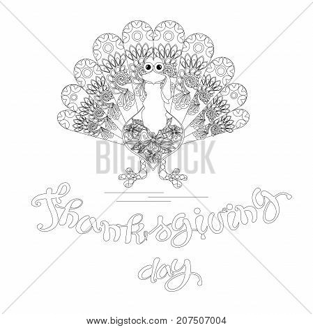 Doodle style sketch of turkey lettering Thanksgiving day, thin black line on white stock vector illustration