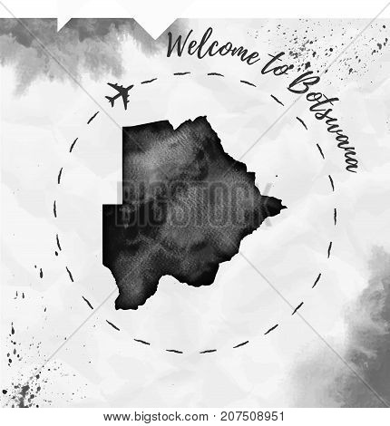 Botswana Watercolor Map In Black Colors. Welcome To Botswana Poster With Airplane Trace And Handpain