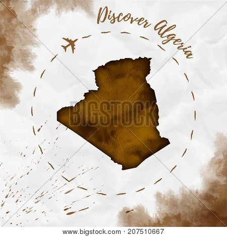 Algeria Watercolor Map In Sepia Colors. Discover Algeria Poster With Airplane Trace And Handpainted
