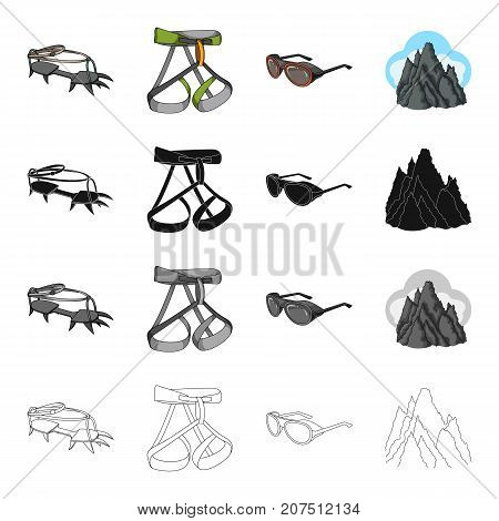 Crampon climber, safety gazebo, sunglasses, unruly top. Climbing equipment set collection icons in cartoon black monochrome outline style vector symbol stock Isometric illustration .