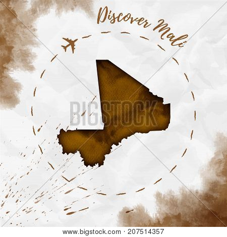 Mali Watercolor Map In Sepia Colors. Discover Mali Poster With Airplane Trace And Handpainted Waterc