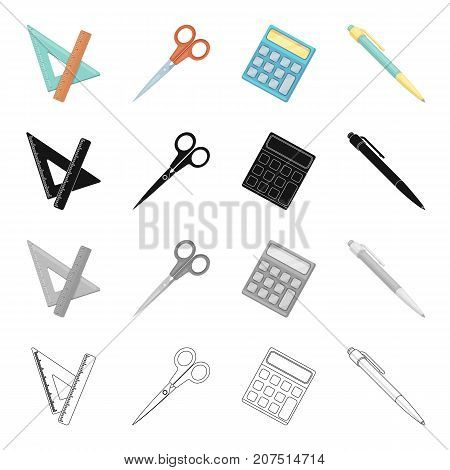 School accessories triangle, ruler, scissors, pen and calculator. School and learning set collection icons in cartoon black monochrome outline style vector symbol stock isometric illustration .