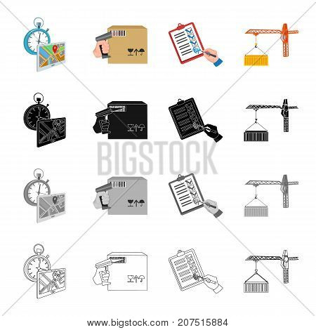 Delivery time, a box with a bar code, a delivery document, a container loading by a crane. Logistics set collection icons in cartoon black monochrome outline style vector symbol stock illustration isometric .