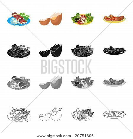 Food, shish kebab on a plate, broken egg, vegetable salad, fried sausages with seasoning. Food and Cooking set collection icons in cartoon black monochrome outline style vector symbol stock illustration isometric .