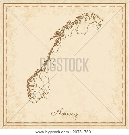 Norway Region Map: Stilyzed Old Pirate Parchment Imitation. Detailed Map Of Norway Regions. Vector I
