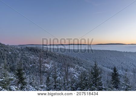Morning With Sunrise In Jeseniky Mountains In Winter Sunny Day