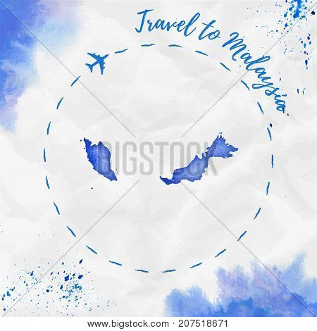 Malaysia Watercolor Map In Blue Colors. Travel To Malaysia Poster With Airplane Trace And Handpainte