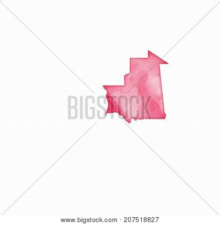 Mauritania Watercolor Map In Red Colors. Visit Mauritania Poster With Airplane Trace And Handpainted