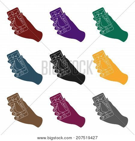 Taking photo on smart phone icon in black design isolated on white background. Hipster style symbol stock vector illustration.