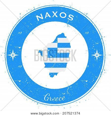 Naxos Circular Patriotic Badge. Grunge Rubber Stamp With Island Flag, Map And Name Written Along Cir