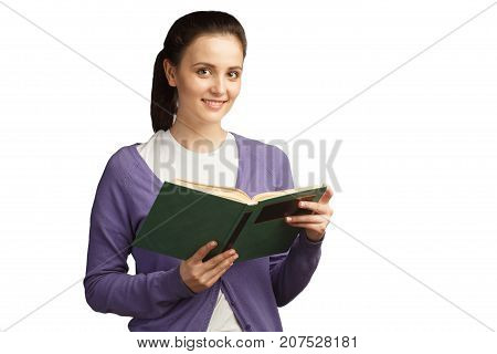 Young Brunette Woman With Copy Book On Studio Background