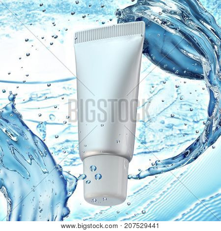 Cream bottle mock up in water splash on blue background. 3D illustration