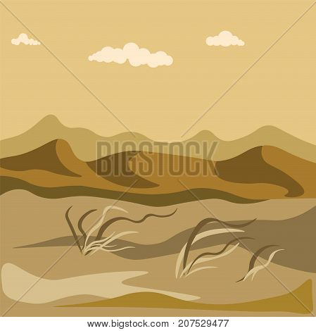 Autumn in desert with sand hills and yellow grass bundles that waves on wind under dark sky with clouds vector illustration. Cold season natural landscape of empty wild valley almost without plants.