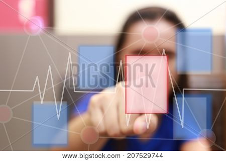 Woman user finger tapping a button in business conceptcopy space to input ideas into your work.