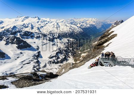 Mt. Titlis Switzerland - May 28 2017: The snow mountain range mountain range from the Titlis is a mountain of the Uri Alps Engelberg Switzerland.
