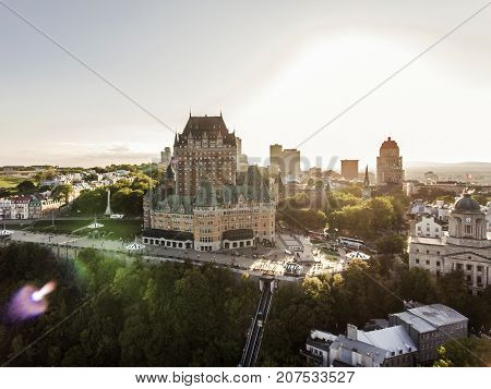 Aerial view of Chateau Frontenac hotel and Old Port in Quebec City, Canada.