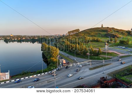 View of town with watchtower on hill Lisya. Nizhny Tagil. Russia