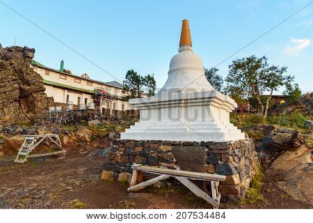 Stupa In Shad Tchup Ling Buddhist Monastery On Mountain Kachkanar. Russia