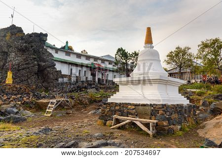 Stupa In Shad Tchup Ling Buddhist Monastery On Mountain Kachkanar. Russia