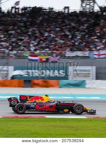 SEPANG MALAYSIA : OCTOBER 01 2017 : Max Verstappen of the Netherlands driving the (33) Red Bull Racing on track during the Malaysia Formula One (F1) Grand Prix at Sepang International Circuit (SIC).
