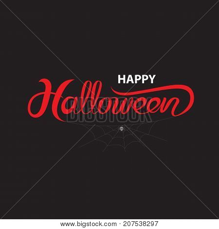 Halloween banner calligraphy.Halloween trick or treat party celebration.Happy Halloween vector lettering.Holiday calligraphy with spider and web for bannerpostergreeting cardparty invitation.Vector isolated illustration.