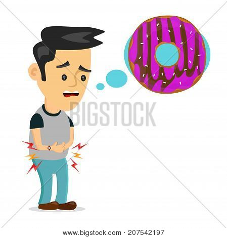 Young suffering sad man is hungry. thinks about food, fast food, donut. Vector flat cartoon illustration icon design. Isolated on white background. Hungry,tasty donut concept