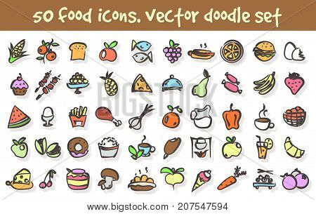 Vector doodle food icons set. Stock cartoon signs for design.