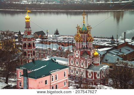 Aerial view of Stroganov Church and river Oka in Nizhny Novgorod, Russia in winter.