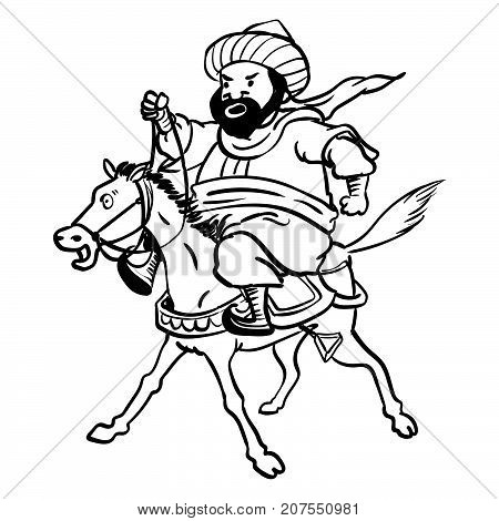Cartoon Fat Arab man riding a tired horse for coloring-Hand drawn Vector illustration