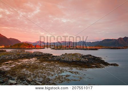 Laukvik City At Sunset Lofoten Islands Nordland Norway
