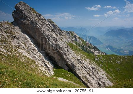 Panorama of the Upper Engadine from Muottas Muragl with very steep trail Switzerland
