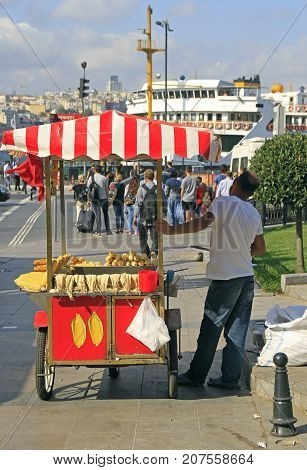 Man Is Selling Fried Corn And Chestnut Outdoor In Istanbul