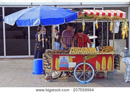 Man Is Selling Fried Corn And Chestnut Outdoor In Istanbul