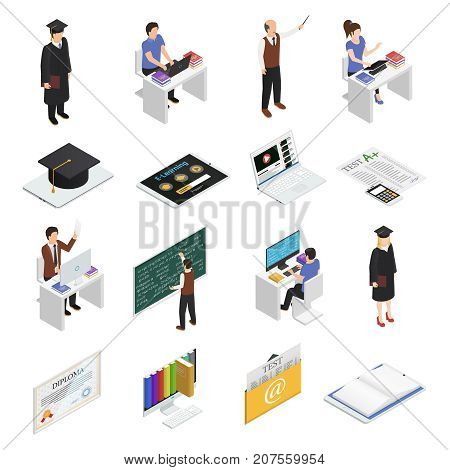 Students teachers and devices for e-leaning isometric icons set isolated on white background 3d vector illustration
