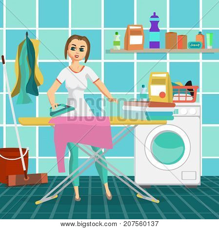 Woman housewife iron clothes on an ironing board in bathroom. Flat cartoon vector illustration