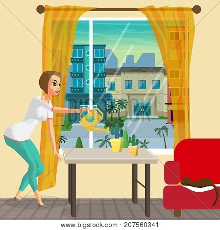 Young woman housewife is watering the indoor flowers. Girl with watering can. Flat cartoon vector illustration