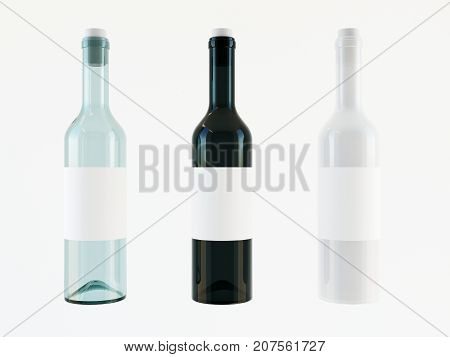 Three bottles closeup over white background, 3d rendering