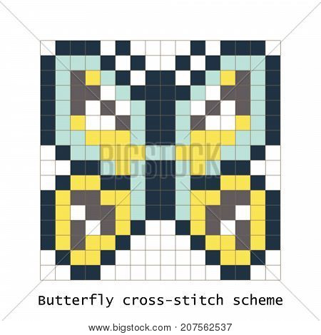 Cross-stitch pixel art butterfly vector set. Cross-stitch brick style zoo for kid building kit toys or embroidery scheme products.