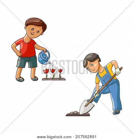 vector flat children at garden scene set. teen boy in worksuit digging the hole by shovel for a plant, another one watering tulip flowers by watering can. Isolated illustration on a white background.