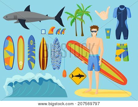 Set of vintage surfing graphics emblems vector flat design. Beach style design seal elements and summer sea symbols. Boarding on waves. Vector hipster insignia.