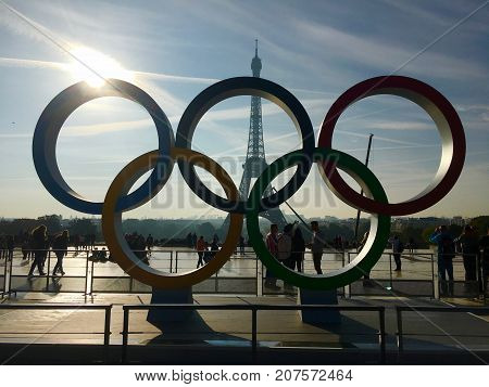 Paris France, 23 September 2017: Olympic games symbol on Trocadero place in front of the Eiffel Tower celebrating Paris 2024 summer Olympics