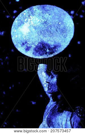 shamanic girl with frame drum on abstract structured background