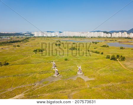 Aerial View Of Wooden Windmill At Incheon Sohrae Ecological Park, South Korea