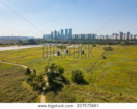 Aerial View Of Wooden Windmill At Incheon Sohrae Ecological Park, South Korea