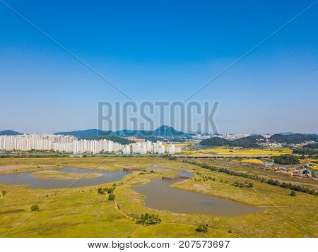 Aerial View Of Wooden Windmill At Incheon Sohrae Ecological Park, South Korea