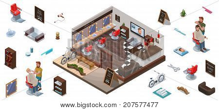 Isometric infographic 3d barber shop interior constructor hairdresser cutting hair or beard characters collection for creation hipster hair salon with people barbershop chair bicycle scissors