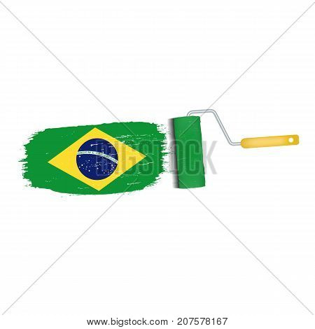 Brush Stroke With Brazil National Flag Isolated On A White Background. Vector Illustration. National Flag In Grungy Style. Brushstroke. Use For Brochures, Printed Materials, Logos, Independence Day