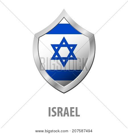Israel Flag On Metal Shiny Shield Vector Illustration.
